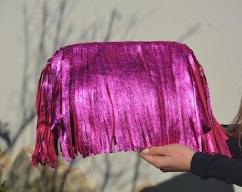 Metallic genuine leather fringed framed clutch, Pink Gold Silver metalized Leather large cloud bag with tassels, Handmade Oversized puffball