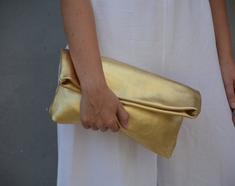 Large metallic gold Leather fold over handbag for woman, Oversized  strong leather clutch purse in gold, Versatile leather pouch bag