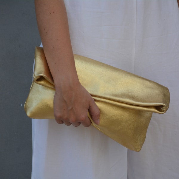 Large metallic gold Leather fold over handbag for woman, Oversized  strong leather clutch purse in gold, Versatile leather pouch bag