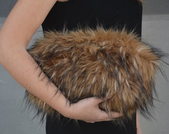 Long Pile Faux Fox Fur clutch, Fox plush Fur womens handbag, Plush Fluffy cloud purse, Ladies Fashion Accessories