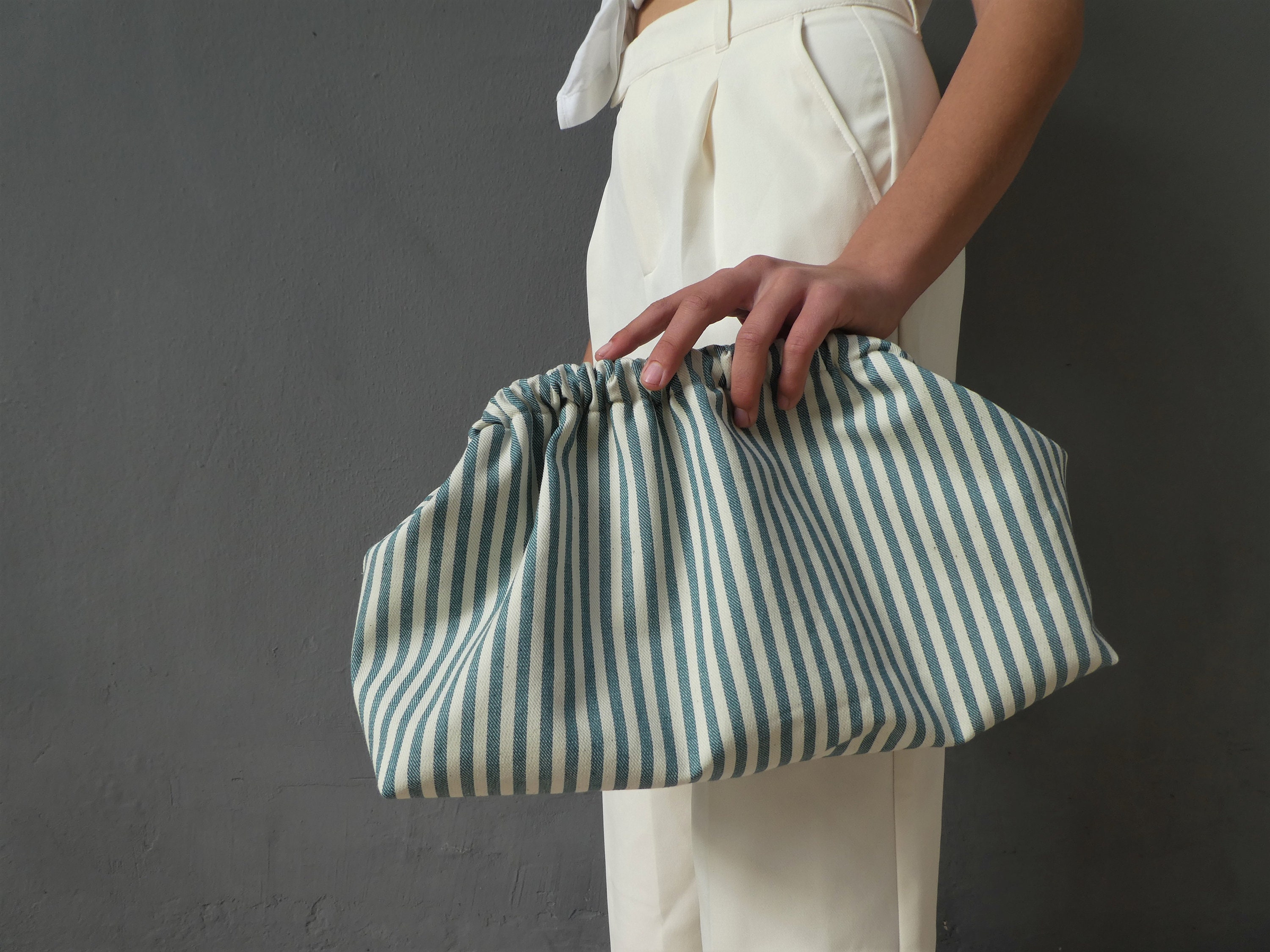 Striped Summer Dumpling Clutch Cotton Cloud Bag in Green or - Etsy