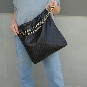 Black calfskin genuine leather tote bag with Gold-Tone Metal chain, Diamond Stitch leather bag, real leather purse, Large handbag for women