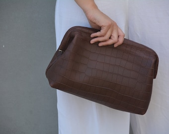 女性用ハンドメイドブラウンクロコダイル型押しレザークラッチ、レザー財布、大型で丈夫な本革ハンドバッグ、レトロなイブニングバッグ
