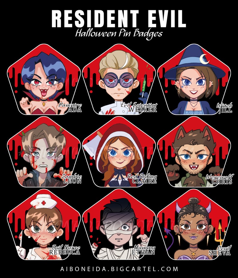 May include: A collection of Halloween-themed pin badges featuring characters from Resident Evil. Each badge showcases a different character, including a vampire, witch, zombie, and werewolf, with a red and black color scheme. Text includes character names.