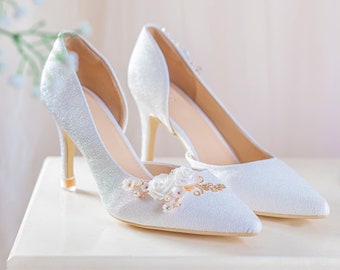 Wedding Shoe with Pointy Heel Sole - Bridal Wedge shoes - Bridal Block Heels - Flower Wedding Heel - H51.03