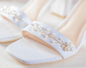 Pearl Studded Shoes - Bridal Ankle Strap - Bridal Block Heels - Flower Wedding Heel - S46.03.3
