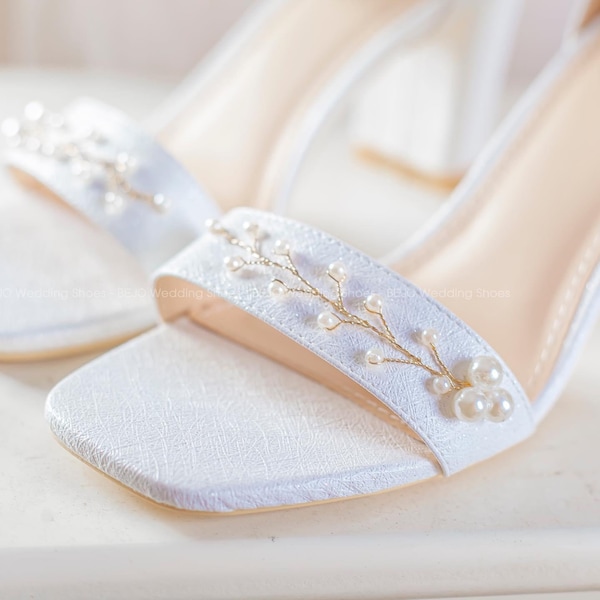 Pearl Studded Shoes - Bridal Ankle Strap - Bridal Block Heels - Flower Wedding Heel - S46.03.3