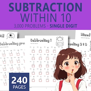 Subtraction Within 10 Workbook | Kindergarten Math | 3000 Problems | First Grade Single Digit Math Drill