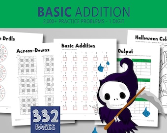 Arkusz ćwiczeń z dodawania: dodawanie jednocyfrowe, kolorowanki, matematyka dla klasy 1, tematyka Halloween