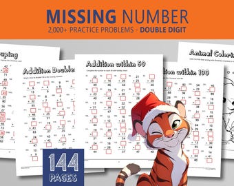Ontbrekend getal: 2-cijferige toevoeging met hergroepering, kerstthema, wiskundewerkbladen graad 2