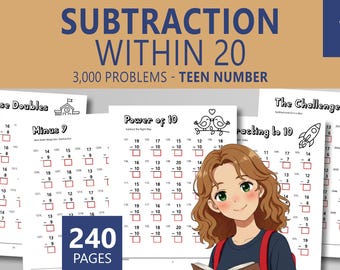 Zeszyt ćwiczeń do odejmowania w zakresie 20 | Ćwiczenia matematyczne dla pierwszej klasy | Strategie matematyki w pamięci | Edukacja domowa, plik PDF do druku