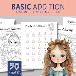 Princess Addition Worksheets: Single Digit Math Practice Kindergarten Grade 1 PDF