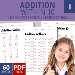 May include: A collection of educational maths worksheets titled Addition Within 10 and Addition Within 5, featuring 1,650 practice problems across 60 PDF pages. The white pages contain black text and red boxes for answers, with fields for name, date, time, and score.