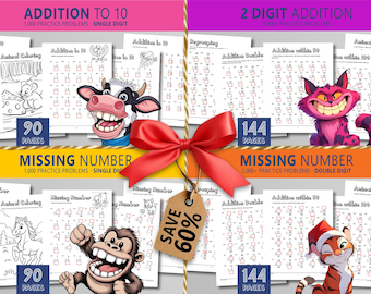 Zestaw arkuszy do dodawania: cyfry 1-2 i brakujące liczby, motyw zwierzęcy (plik PDF do druku)