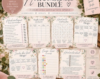 BUNDEL BRUILOFTSPELLETJES | Bloemen | 7 Spellen | Bruiloftspuzzels | Bruiloftsbingo | PDF-sjabloon