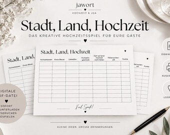 STAD, PLATTELAND, BRUILOFT | Bruiloftspel | Minimalisme | Zwart-wit | Printbare PDF-sjabloon | Bruiloft | Bruid en bruidegom