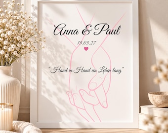 Gepersonaliseerd huwelijksgeschenk | Ingelijste trouwposter | Roze handen | A4 | A3 | Namen | Datum