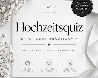 BRUILOFTQUIZ | Bruid of Bruidegom | Minimalisme | Zwart-wit | Printbare PDF-sjabloon | Bruiloftspel