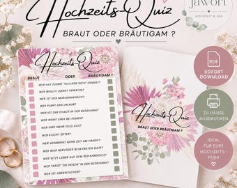 BRUILOFTQUIZ | Bruid of Bruidegom | BOTANISCHE QUIZ | Printbare PDF-sjabloon | Bruiloftspel