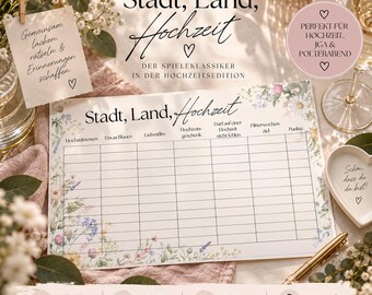 STAD, PLATTELAND, BRUILOFT | Bruiloftspel | Bloemen | Printbare PDF-sjabloon | Bruiloft | Bruid en bruidegom