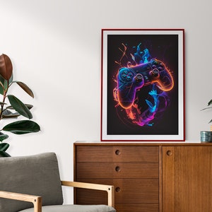 Pode incluir: Uma impressão emoldurada de um controlador de videogame preto com luzes de néon coloridas e efeitos de fumaça em um fundo preto.