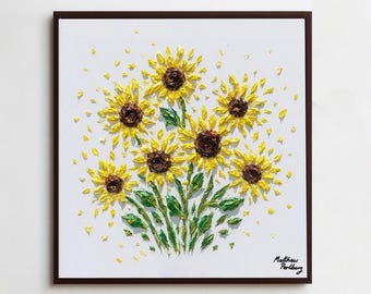 Original Sunflower Oil Painting on Canvas: Warm Tone Modern Art