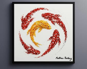 Dipinto ad olio di pesce Koi: fortuna Feng Shui, arte moderna (riproduzione su tela da 35 pollici)