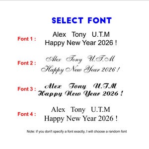 Pode incluir: Uma tabela de sele&ccedil;&atilde;o de fontes exibindo quatro estilos de texto preto distintos em um fundo branco. Cada op&ccedil;&atilde;o mostra o texto 'Alex Tony U.T.M' e 'Happy New Year 2026 !' em diferentes tipografias rotuladas como Font 1, 2, 3 e 4.