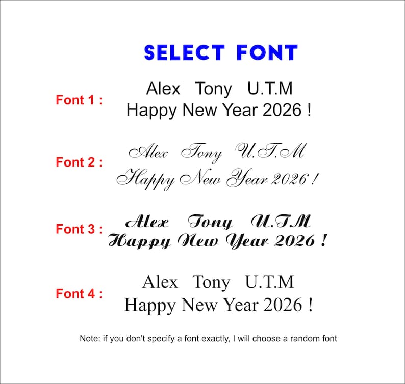 Pode incluir: Uma tabela de sele&ccedil;&atilde;o de fontes exibindo quatro estilos de texto preto distintos em um fundo branco. Cada op&ccedil;&atilde;o mostra o texto 'Alex Tony U.T.M' e 'Happy New Year 2026 !' em diferentes tipografias rotuladas como Font 1, 2, 3 e 4.