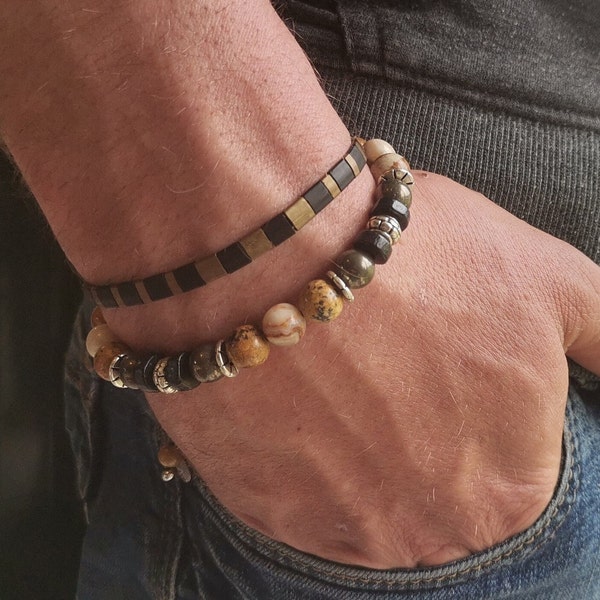 Bracelet En Perles Pour Homme Bracelet Style Tibétain En Perles Pyrite et Jaspe  Bracelet Shamballa Taille Réglable  Bracelet Perles Marron