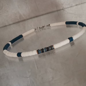 Heishi Surfer Necklace For Men Men's Short Necklace In White Blue Vinyl Beads And Freshwater Pearls Summer Fashion Necklace