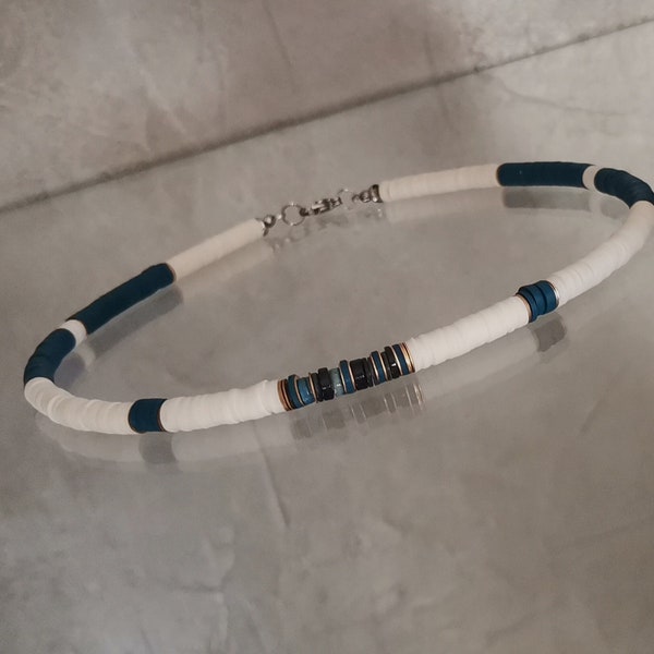 Collier Heishi Surfer Pour Homme Collier Court Homme En perles Vinyl Blanc Bleu Et Perles D'Eau Douce Collier Mode Eté