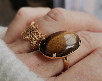 Natural Tiger Eye Stone Ring Protective Jewelry Healing Adjustable Oval Ring