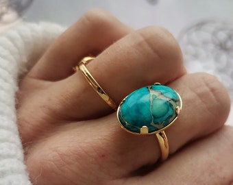Natural Stone Ring Imperial Jasper Adjustable Turquoise Ring Lithotherapy Jewelry in Brass Gilded with 24 Carat Fine Gold