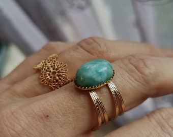 Blue Larimar Natural Stone Ring Boho Chic Multi-row Adjustable Ring in 18-Carat Gold-plated Stainless Steel