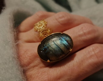 Oval Blue Labradorite Ring Adjustable Ring Natural Labradorite Stone Genuine Stone Ring