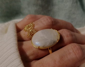 Oval Moonstone Ring Adjustable Natural Stone Ring Boho Ring Gilded with 24 Carat Fine Gold