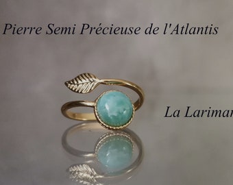 Bague Plume Pierre Précieuse En Plaqué Or 24 Carats et Pierre Larimar Bague Bohème Réglable Ajustable