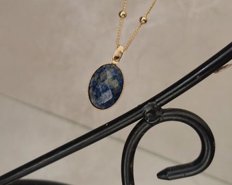 Natural Stone Necklace Lapis Lazuli Chain Blue Stone Pendant Long Satellite Necklace 24 Carat Gold Plated