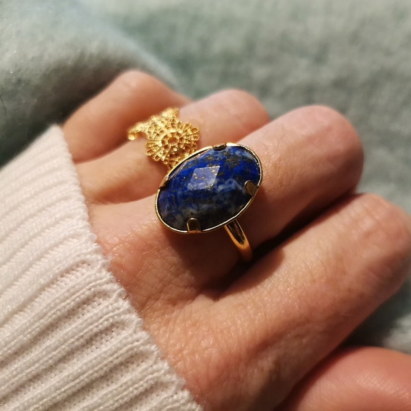 Adjustable Natural Stone Ring Oval Lapis Lazuli Ring Lithotherapy Jewelry Gilded with 24 Carat Fine Gold