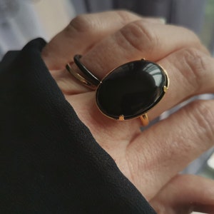 Adjustable Ring Onyx Stone Large Cabochon Ring Natural Stone Chic Jewelry In Brass Gilded With 24 Carat Fine Gold