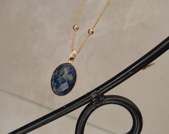 Collier Pierre Naturelle Lapis Lazuli  Chaine Pendentif Pierre Bleu  Collier Satellite Long Plaqué Or 24 Carats