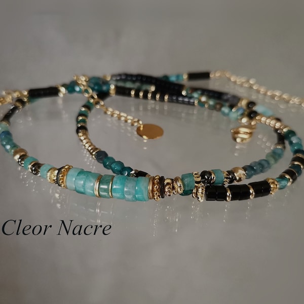 Collier Fantaisie Amazonite Onyx Pour Femme  Collier Perles Bleue Noire  Bijou Artisanal En Pierre Naturelle