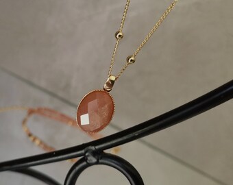 Collier Pierre De Soleil   Chaine Satellite Plaqué Or 24 Carats  Collier Pendentif Pierre Naturelle Sunstone