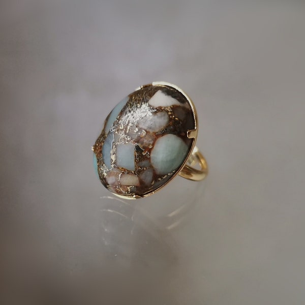 Bague Bohème Amazonite Synthétique Bague Ovale Réglable Bijoux Vintage En Laiton Doré à l'Or Fin 24 Carats