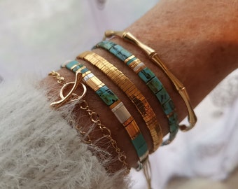 Pulsera con cuentas de turquesa dorada para mujer, pulsera elástica Miyuki Tila, conjunto de pulseras para mujer