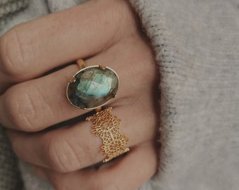 Natural Labradorite Stone Ring Adjustable Ring With Semi Precious Stone Brass Jewelry Gilded with 24 Carat Fine Gold