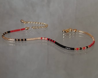 Minimalist Bracelet For Women Very Fine Bracelet In Red Black Gold Miyuki Beads Adjustable In 18 And 24 Carat Gold Plated