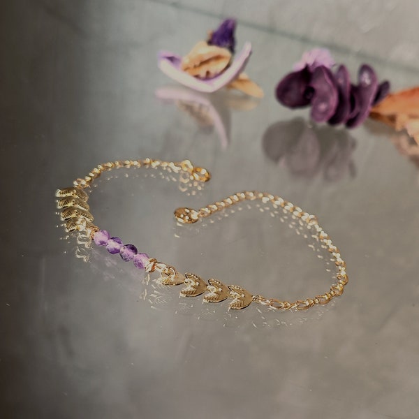 Bracelet Chaine Epis Améthyste Pour Femme    Bijoux Chaine Feuille Laurier   Bracelet Epis De Blé Dorée