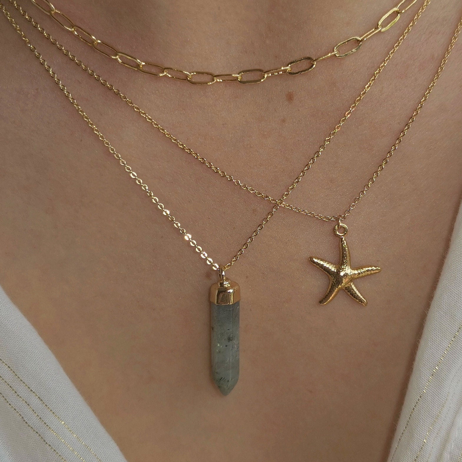 Amulet Chain For Women Choice Chain Pendant Starfish Gold Plated Necklace Medallion Stone Point Labradorite